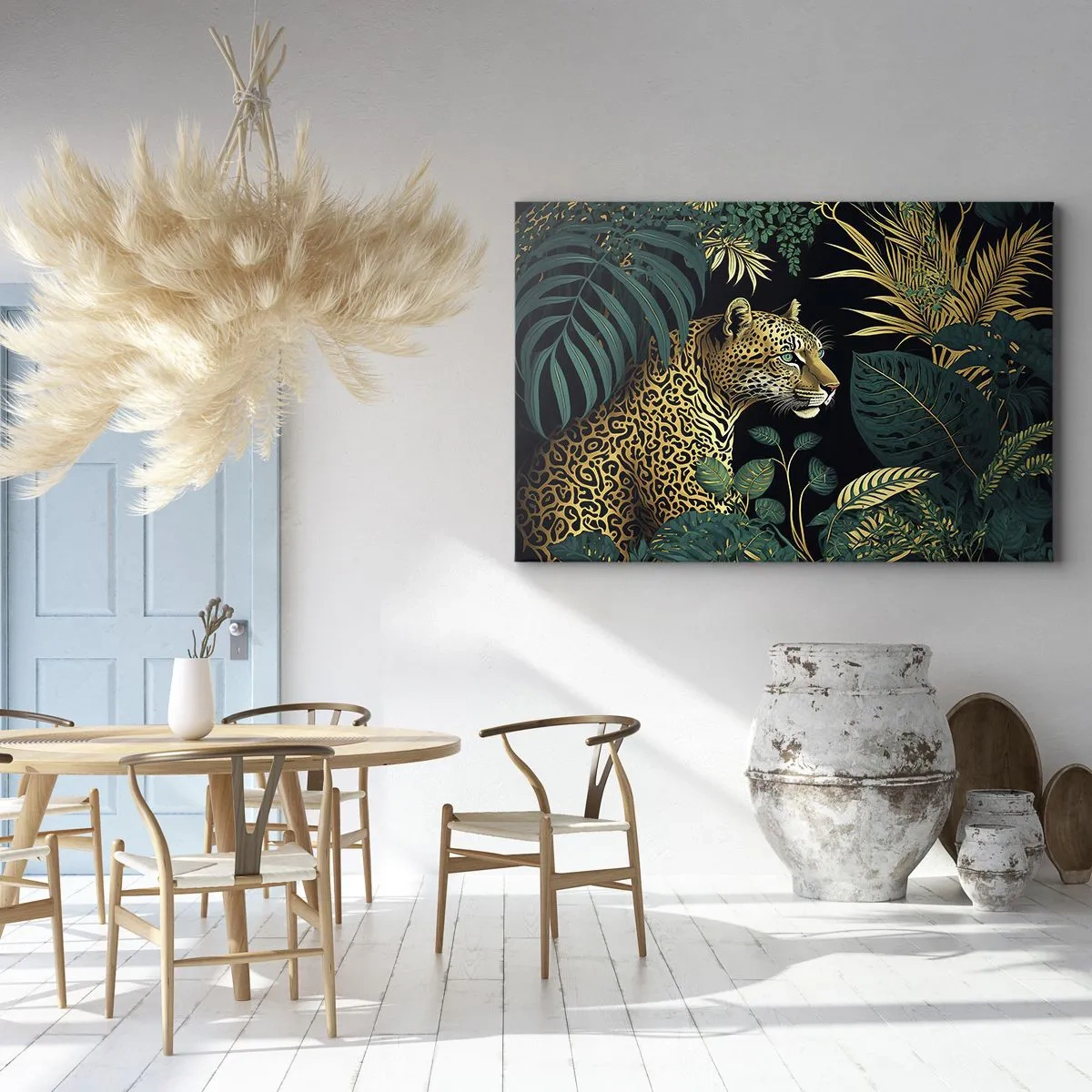 Bild auf Leinwand - Leinwandbild - Leopard in tropischen Blättern auf schwarzem Hintergrund - 70x50cm - Gastgeber im Dschungel - Moderne Wanddekoration für Wohnzimmer und Schlafzimmer ARTTOR