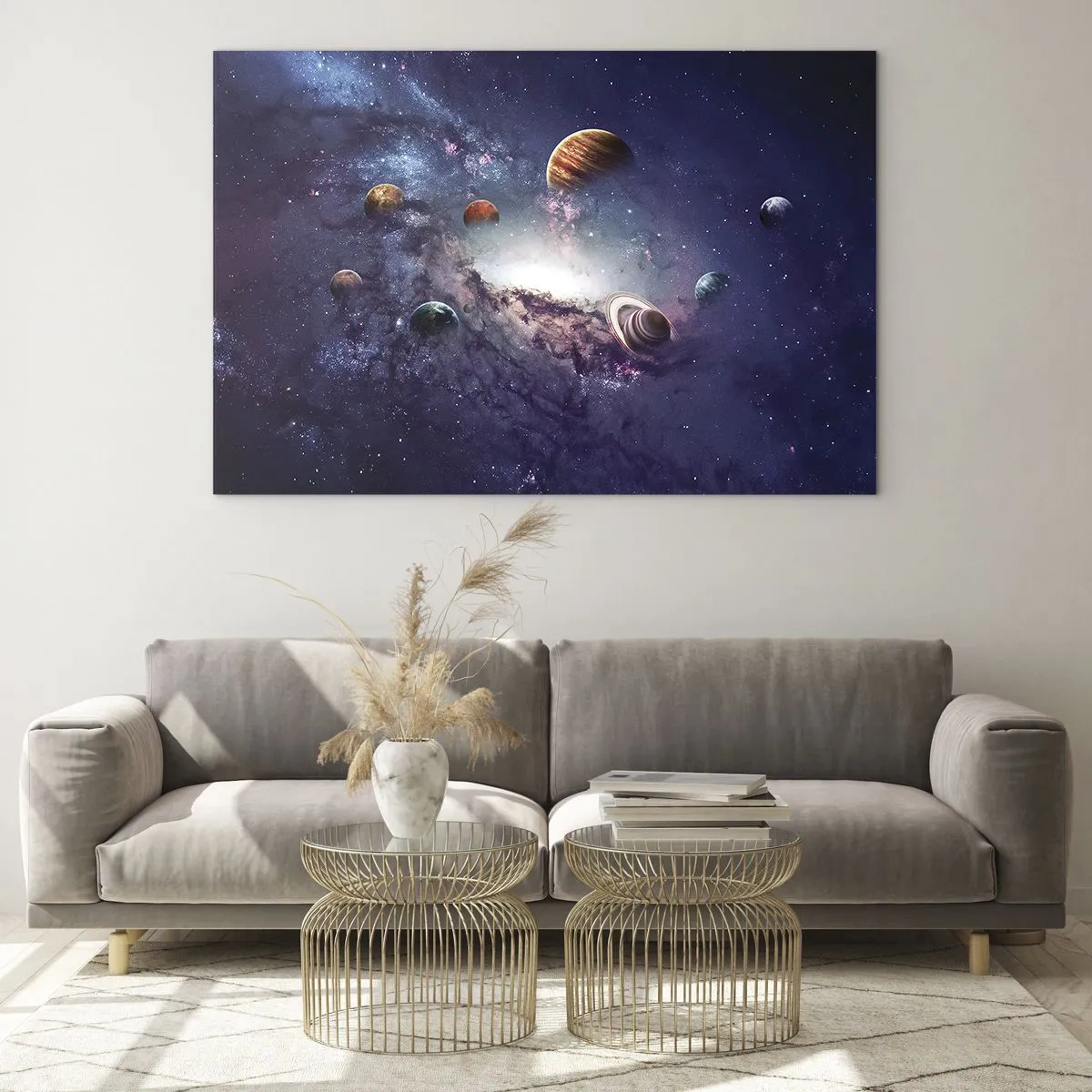 Glasbild - Bild auf glas - Eine phantasievolle Vision von Planeten, die im Weltraum kreisen - 70x50cm - Solar-Tanz-System - Moderne Wanddekoration für Wohnzimmer und Schlafzimmer ARTTOR