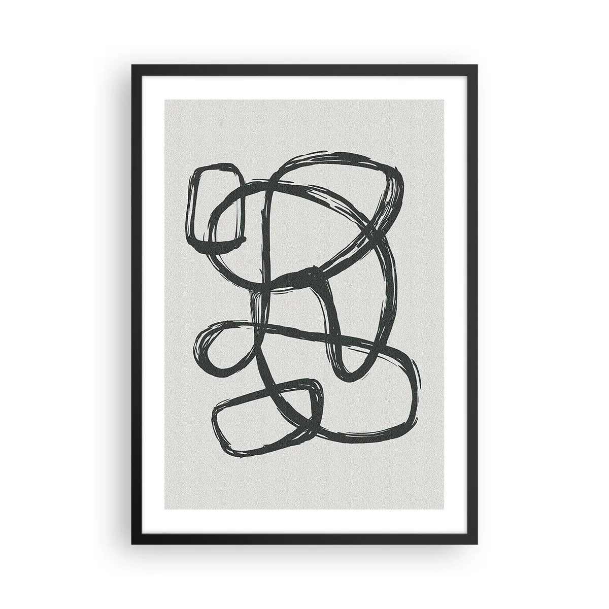 Poster in einem schwarzem Rahmen - Abstrakte schwarze Linie auf hellem Hintergrund - 50x70cm - Schleifenabstraktion - Moderne Wanddekoration für Wohnzimmer und Schlafzimmer ARTTOR