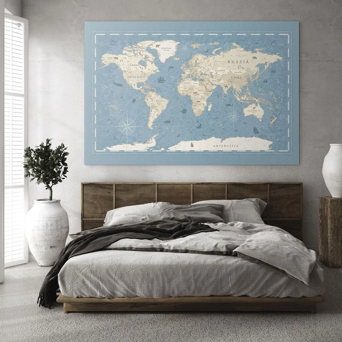 Glasbild - Bild auf glas - Stilisierte Weltkarte auf blauem Hintergrund - 70x50cm - Die Welt liegt zum Greifen nah - Moderne Wanddekoration für Wohnzimmer und Schlafzimmer ARTTOR