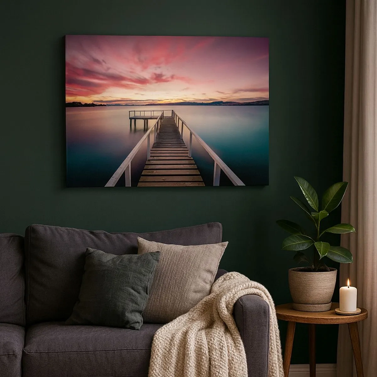 Bild auf Leinwand - Leinwandbild - Ein Steg, der bei Sonnenuntergang zu einem ruhigen See führt - 70x50cm - Die sanfte Flamme des Abends - Moderne Wanddekoration für Wohnzimmer und Schlafzimmer ARTTOR