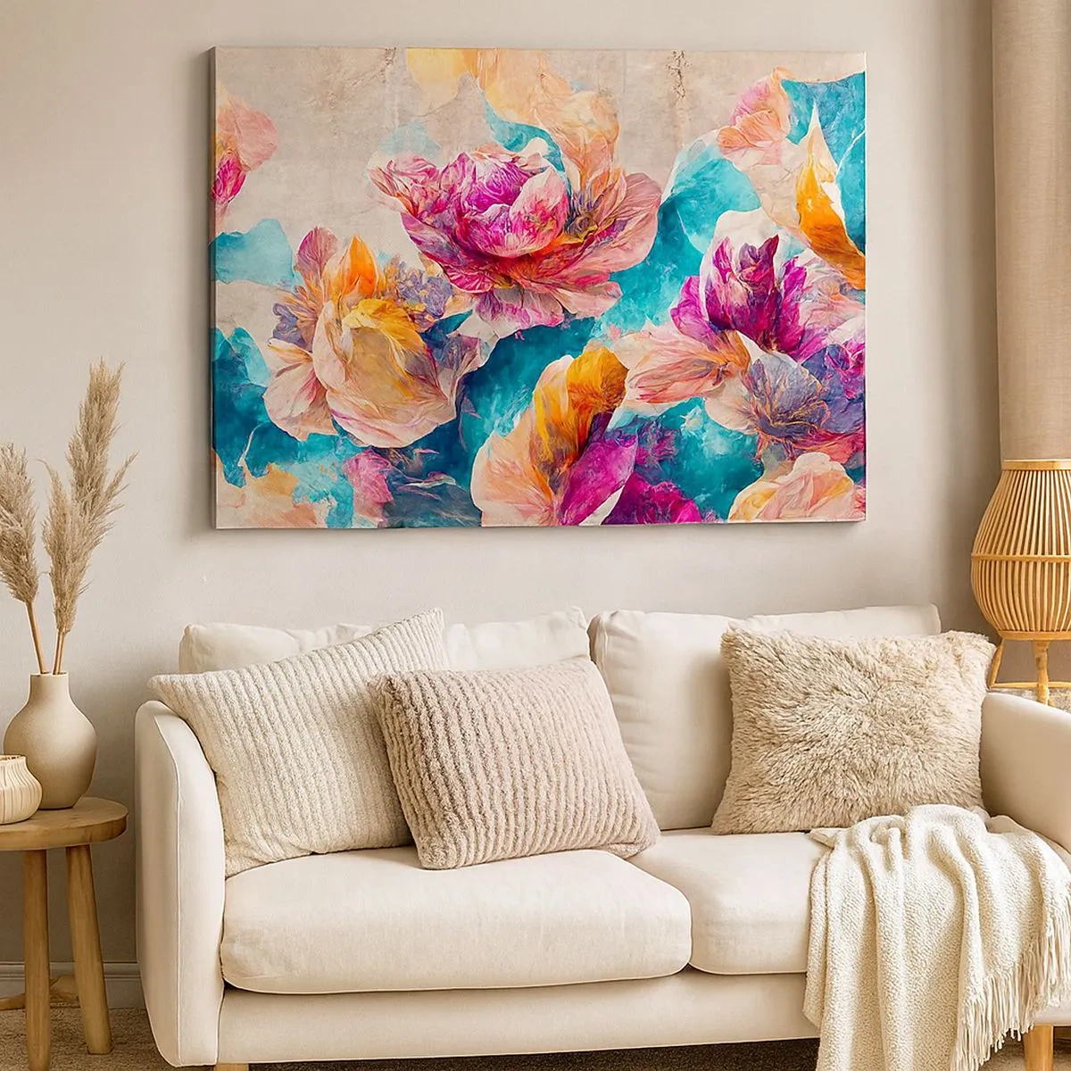 Bild auf Leinwand - Leinwandbild - Bunte Blumen auf beigem Hintergrund - 70x50cm - Farbenpracht des Straußes - Moderne Wanddekoration für Wohnzimmer und Schlafzimmer ARTTOR