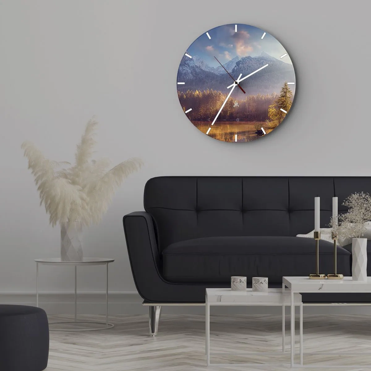 Wanduhr - Glasuhr - Berglandschaft bei Sonnenuntergang mit Spiegelung im See - 30x30cm - In den Bergen und Tälern - Moderne Wanddekoration für Wohnzimmer, Küche und Schlafzimmer ARTTOR