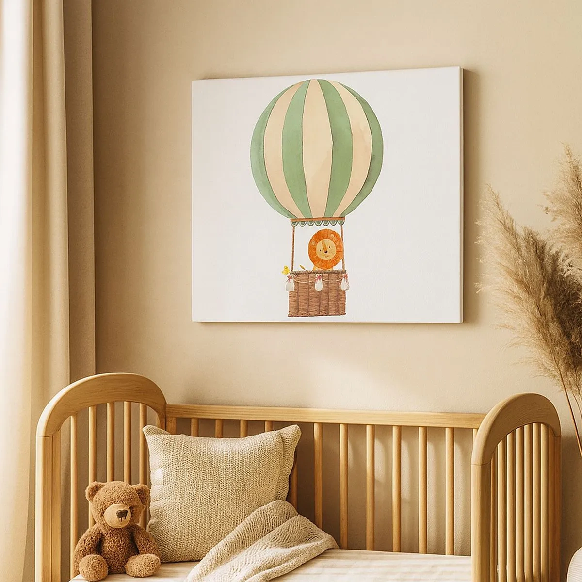 Bild auf Leinwand - Leinwandbild - Ein Ballon mit einem lächelnden Löwen in einem pastellfarbenen Korb - 70x50cm - Leons Reisen - Moderne Wanddekoration für Wohnzimmer und Schlafzimmer ARTTOR