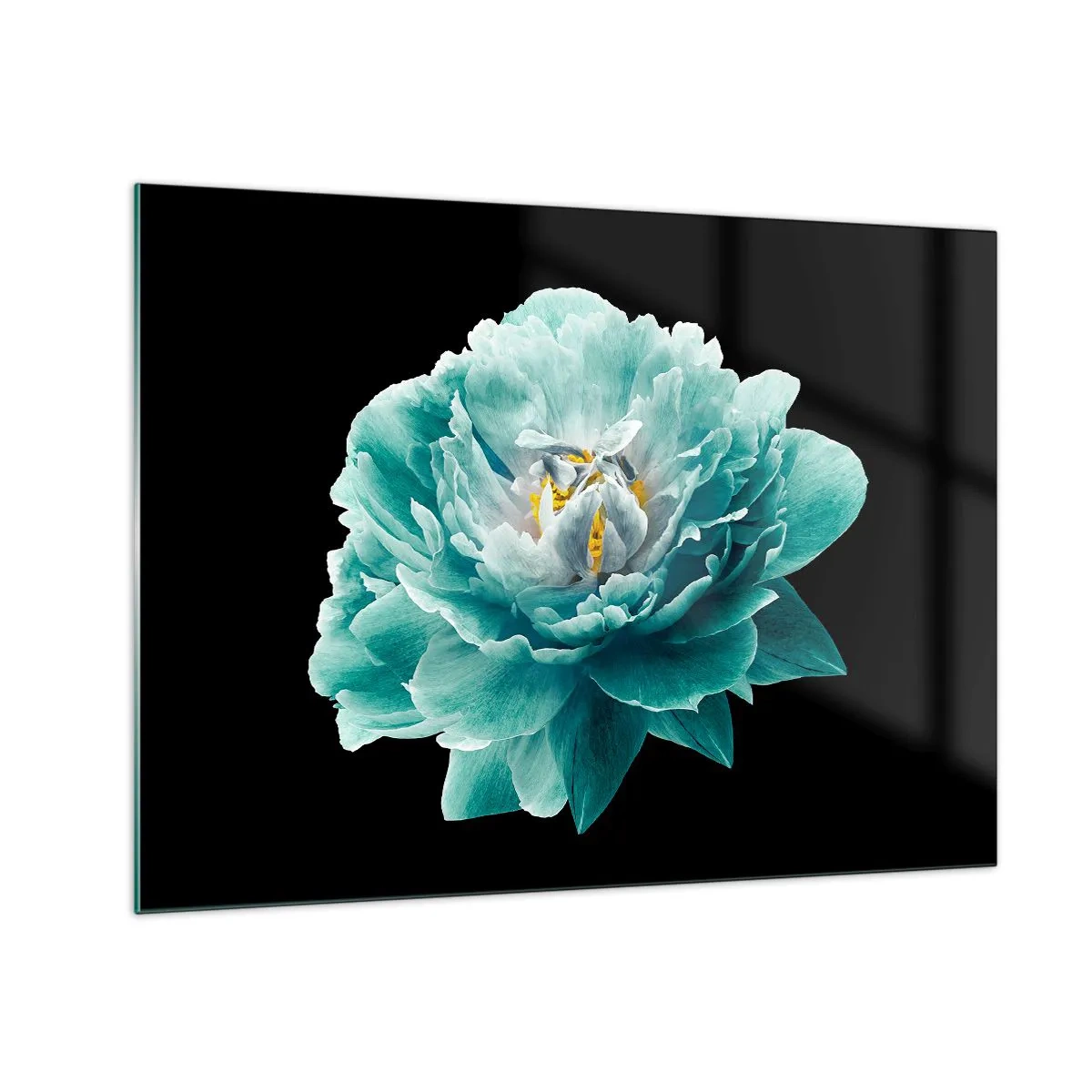 Glasbild - Bild auf glas - Eine türkisfarbene Blume mit gelber Mitte auf schwarzem Hintergrund im glamourösen Stil. - 70x50cm - Blaue und goldene Blütenblätter - Moderne Wanddekoration für Wohnzimmer und Schlafzimmer ARTTOR