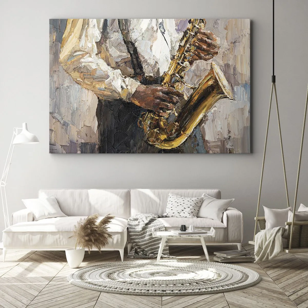 Bild auf Leinwand - Leinwandbild - Ein Musiker, der Saxophon in einem künstlerischen Stil spielt - 70x50cm - Zeit fürs Solo - Moderne Wanddekoration für Wohnzimmer und Schlafzimmer ARTTOR