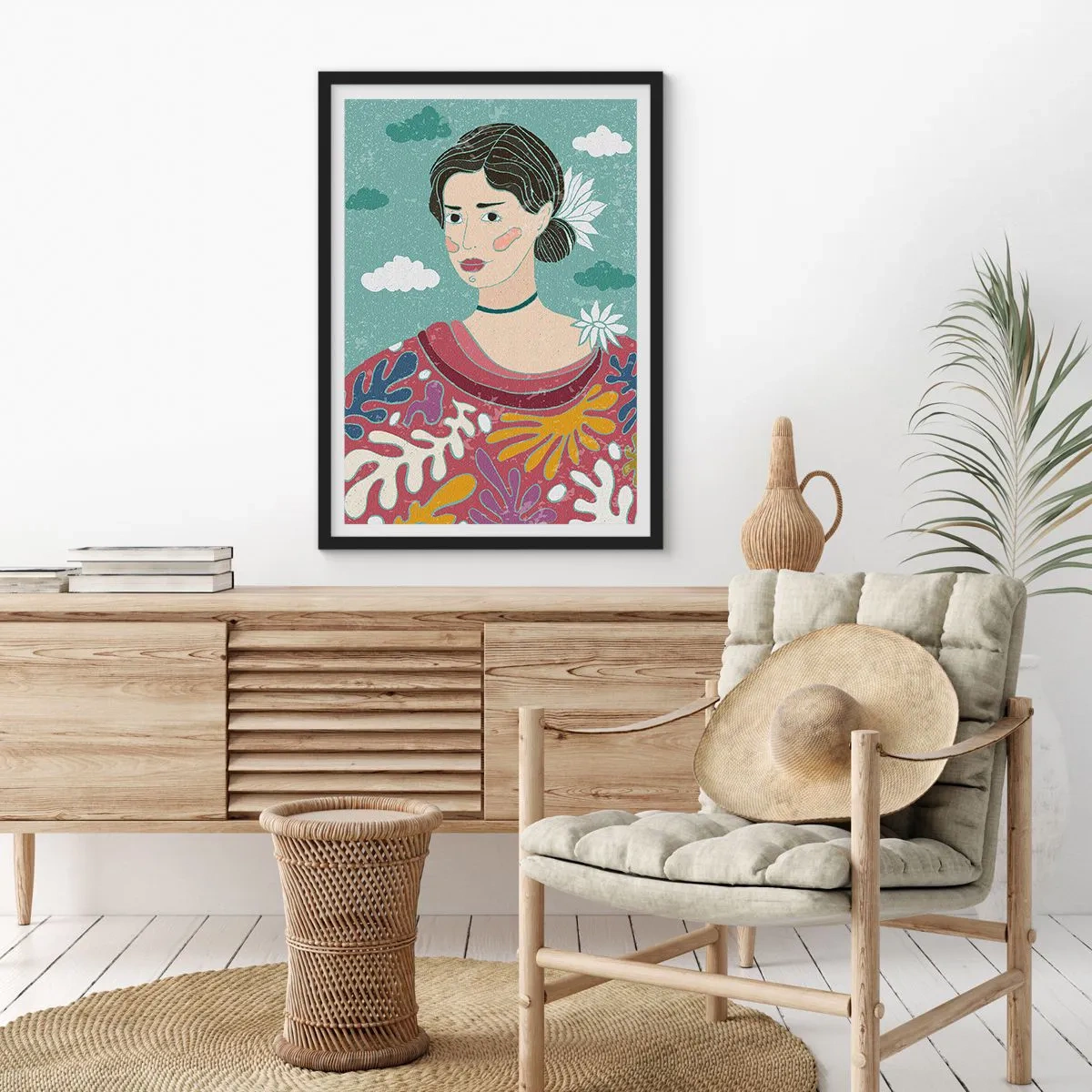 Poster in einem schwarzem Rahmen - Porträt einer Frau in einem farbenfrohen, stilisierten Kleid vor einem Wolkenhintergrund. - 50x70cm - Mit Melancholie im Blick - Moderne Wanddekoration für Wohnzimmer und Schlafzimmer ARTTOR