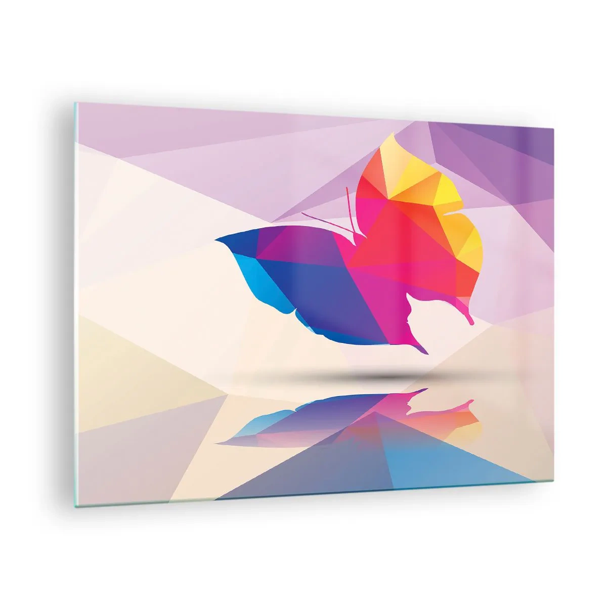 Glasbild - Bild auf glas - Geometrischer Schmetterling in leuchtend bunter Abstraktion - 70x50cm - Regenbogenschmetterling - Moderne Wanddekoration für Wohnzimmer und Schlafzimmer ARTTOR