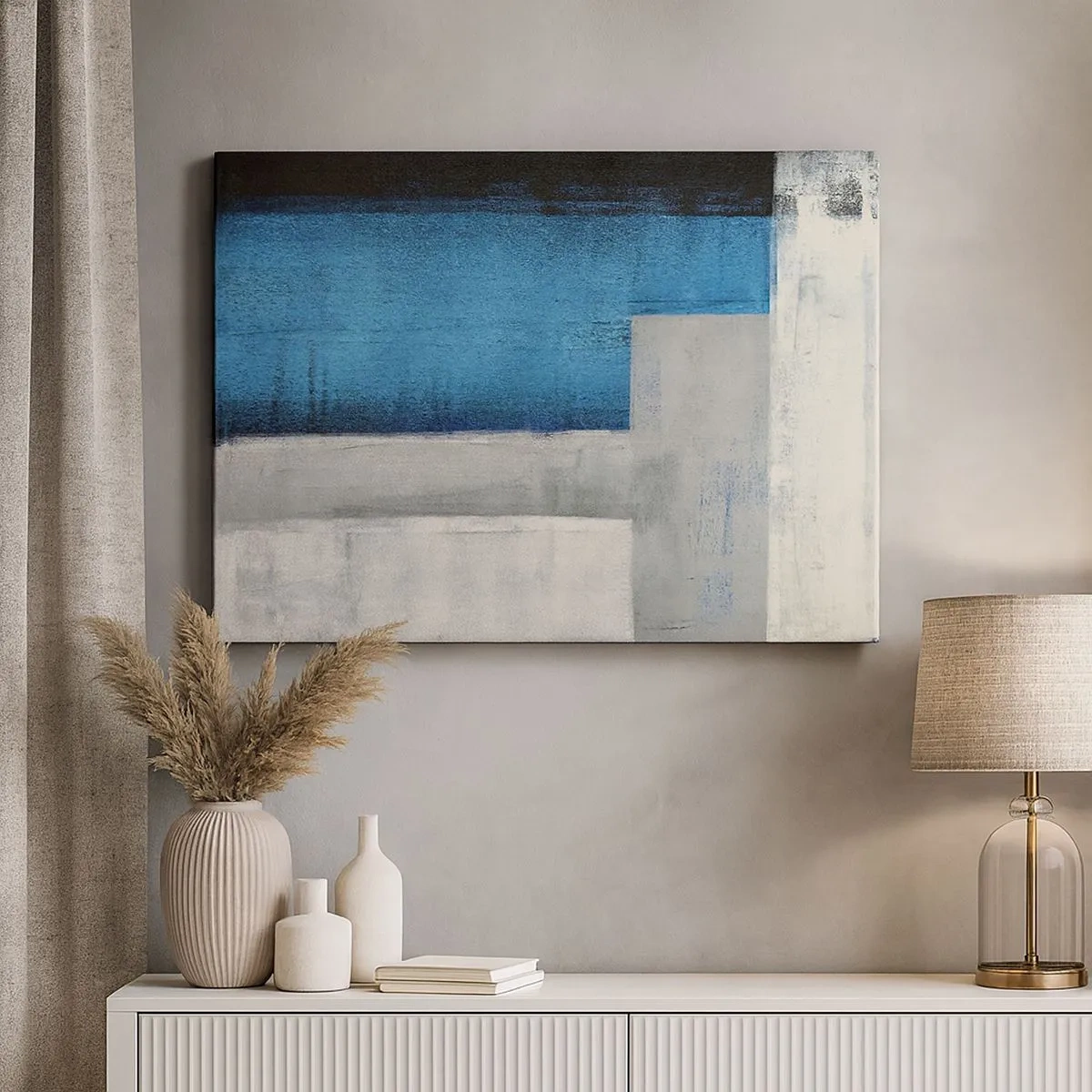 Bild auf Leinwand - Leinwandbild - Eine abstrakte Komposition mit Blau-, Grau- und Weißtönen. - 70x50cm - Poetische Komposition aus Grau und Blau - Moderne Wanddekoration für Wohnzimmer und Schlafzimmer ARTTOR