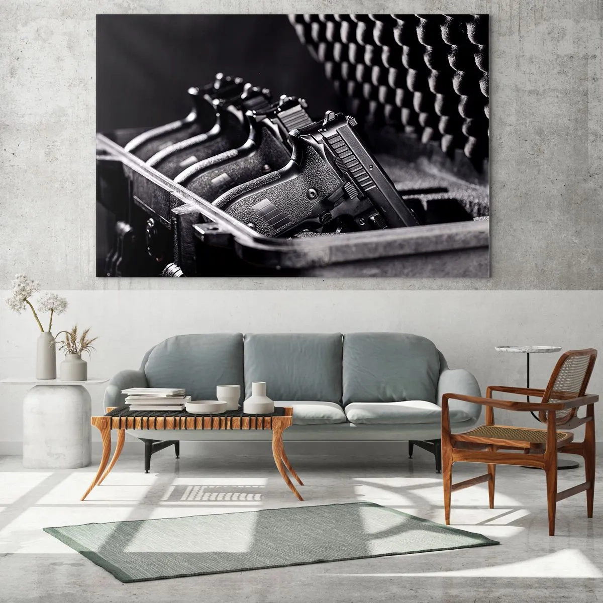 Glasbild - Bild auf glas - Schwarze Pistolen in einem Koffer vor einem Hintergrund aus Schutzschaum - 70x50cm - Männersport - Moderne Wanddekoration für Wohnzimmer und Schlafzimmer ARTTOR