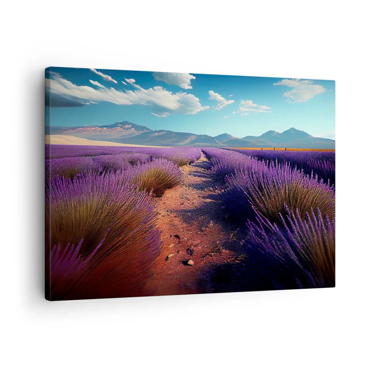 Bild auf Leinwand - Leinwandbild - Ein Lavendelfeld mit Blick auf die Berge und den blauen Himmel - 70x50cm - Duftende Felder - Moderne Wanddekoration für Wohnzimmer und Schlafzimmer ARTTOR