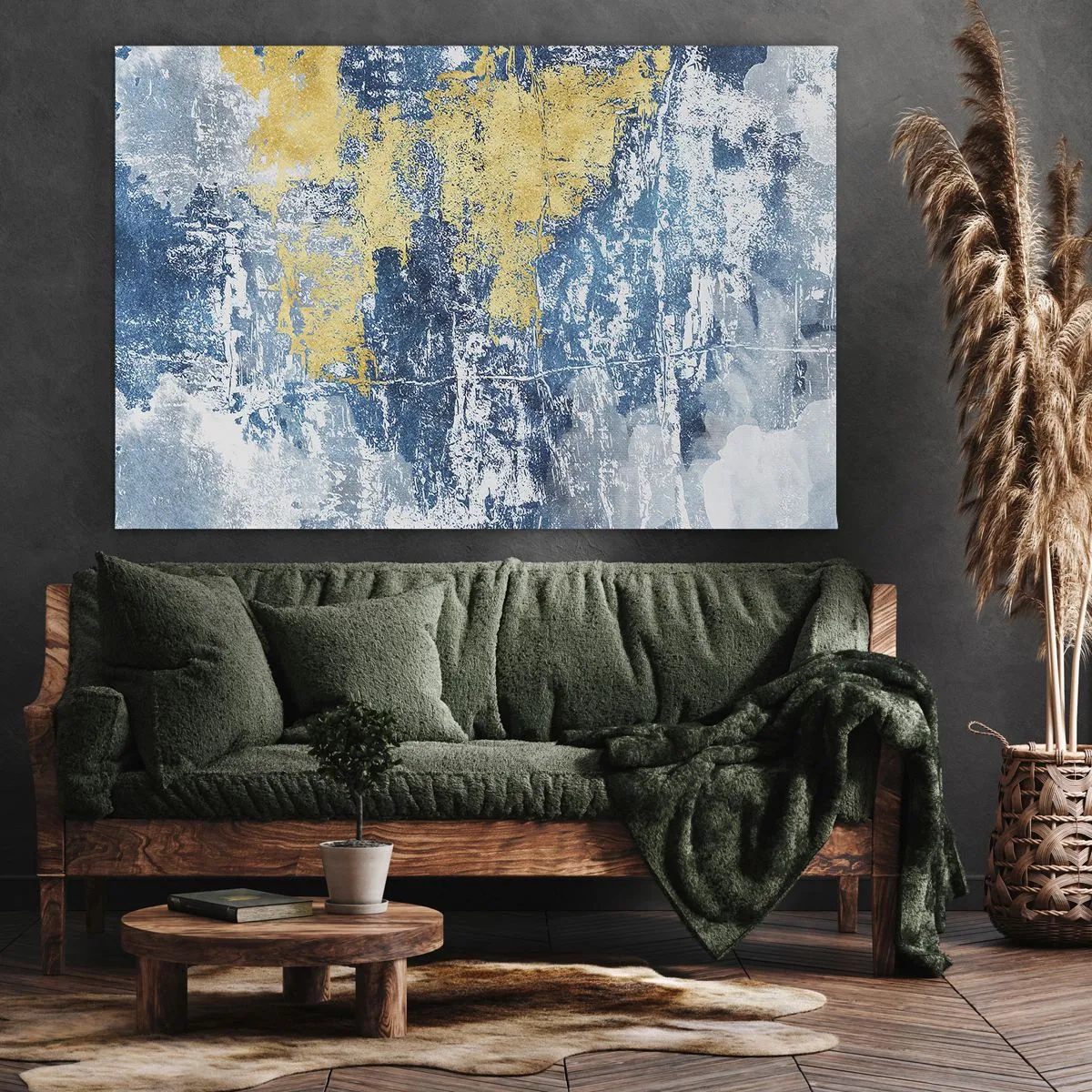 Bild auf Leinwand - Leinwandbild - Abstraktion in Blau- und Gelbtönen - 70x50cm - Abstraktion voller Wetter - Moderne Wanddekoration für Wohnzimmer und Schlafzimmer ARTTOR