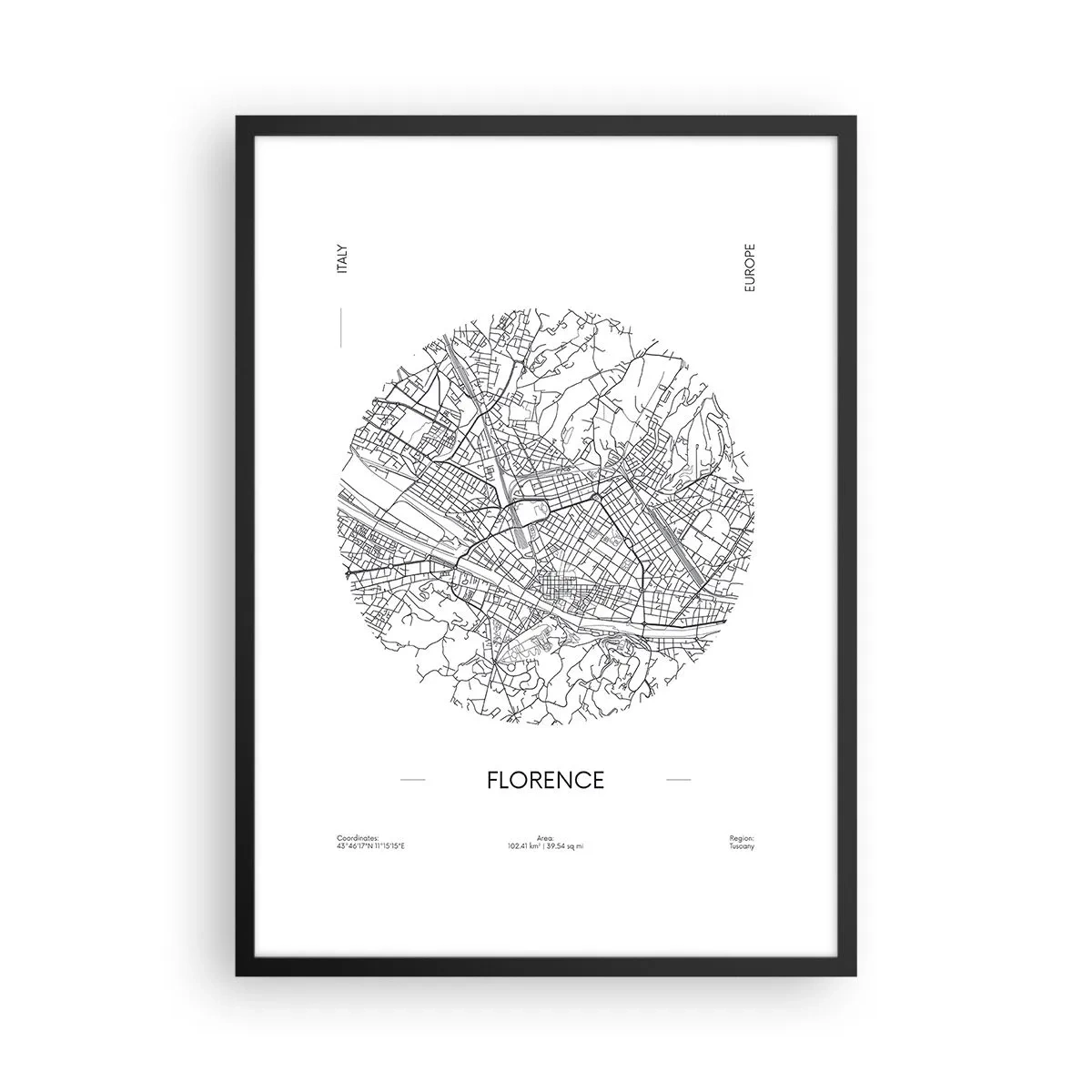 Poster in einem schwarzem Rahmen - Eine minimalistische Karte von Florenz in Schwarzweiß. - 50x70cm - Anatomie von Florenz - Moderne Wanddekoration für Wohnzimmer und Schlafzimmer ARTTOR