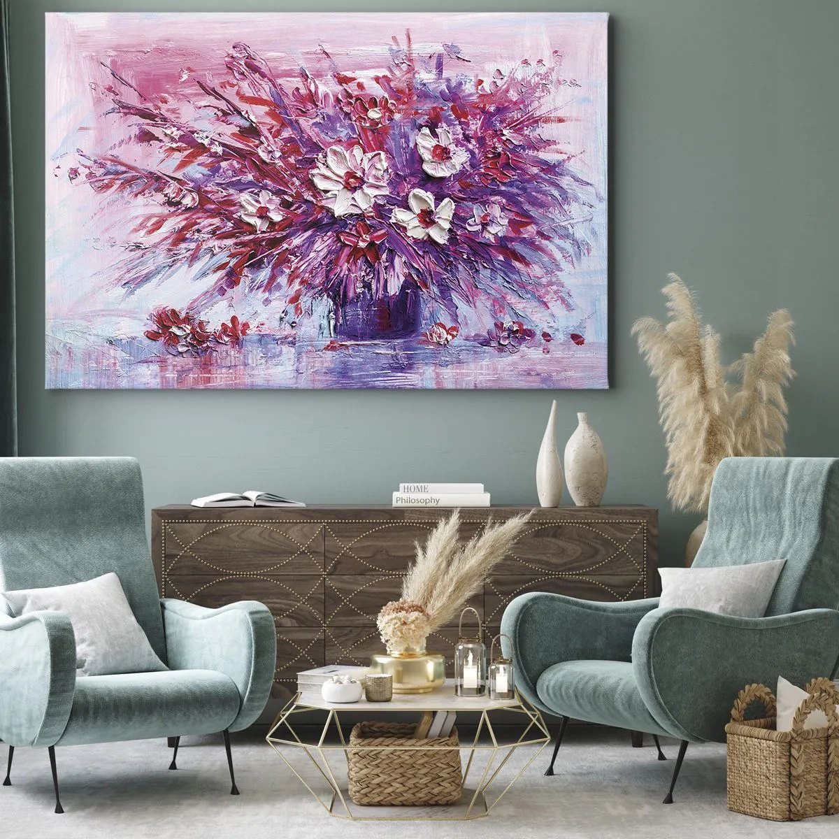 Bild auf Leinwand - Leinwandbild - Ein bunter Blumenstrauß in Rosa- und Lilatönen - 70x50cm - Unschuld und Leidenschaft - Moderne Wanddekoration für Wohnzimmer und Schlafzimmer ARTTOR