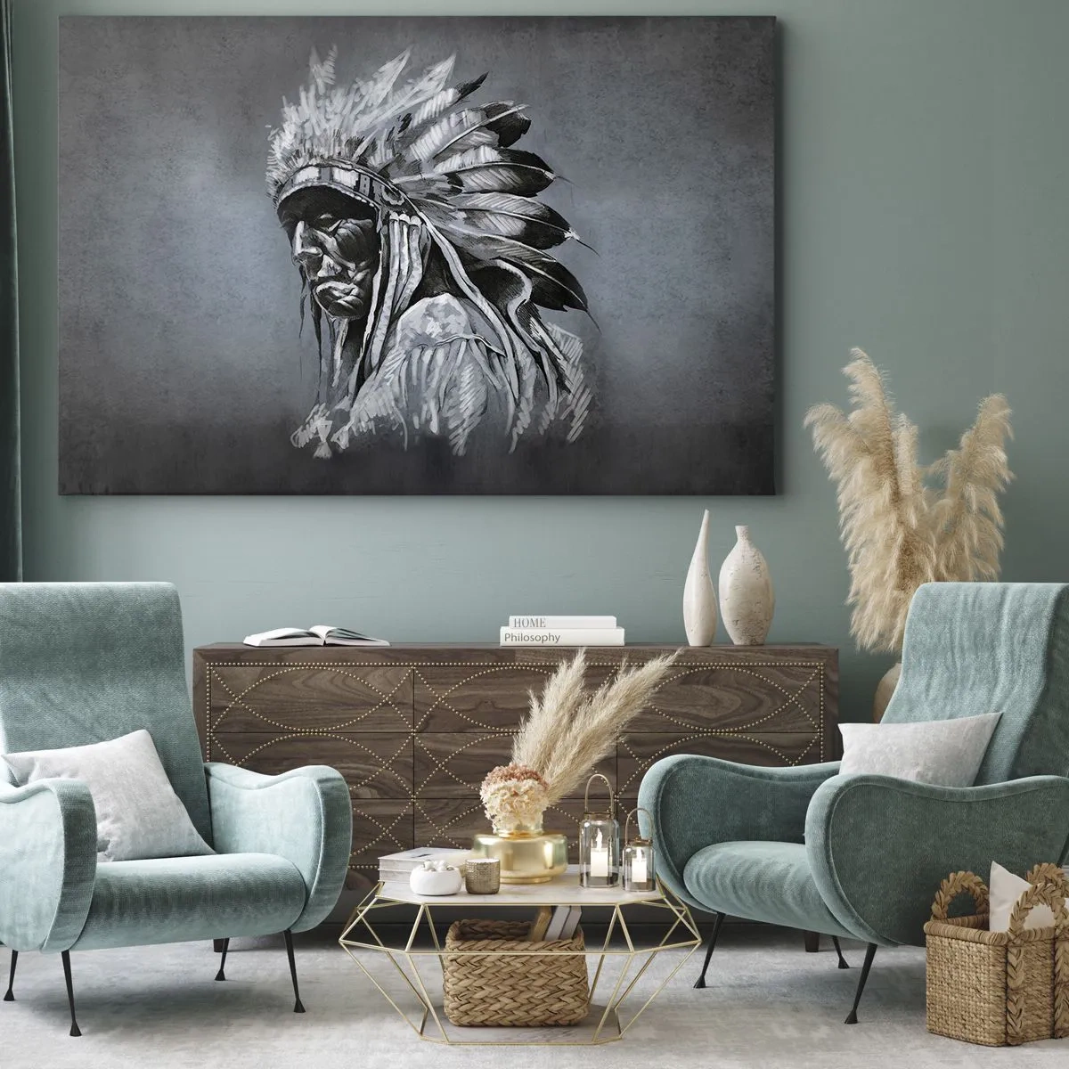 Bild auf Leinwand - Leinwandbild - Porträt eines Indianerhäuptlings mit traditioneller Kopfbedeckung - 70x50cm - Zurück zu den Wurzeln - Moderne Wanddekoration für Wohnzimmer und Schlafzimmer ARTTOR