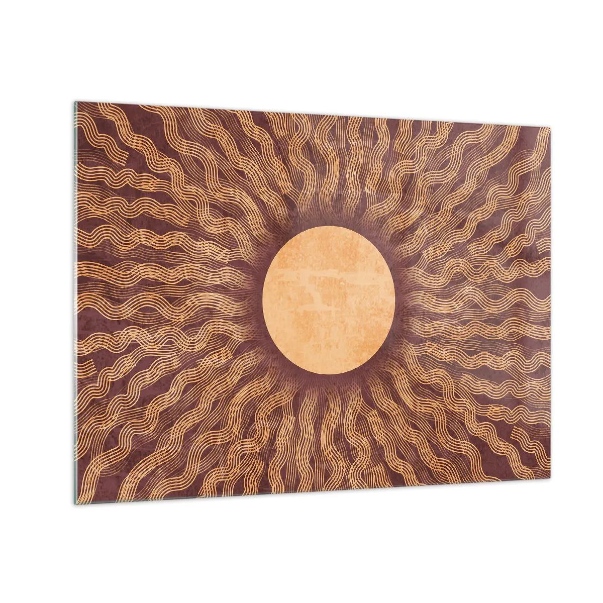 Glasbild - Bild auf glas - Eine stilisierte Sonne mit Strahlen in Form von Wellenlinien auf braunem Hintergrund. - 70x50cm - Sonnensymbol - Moderne Wanddekoration für Wohnzimmer und Schlafzimmer ARTTOR