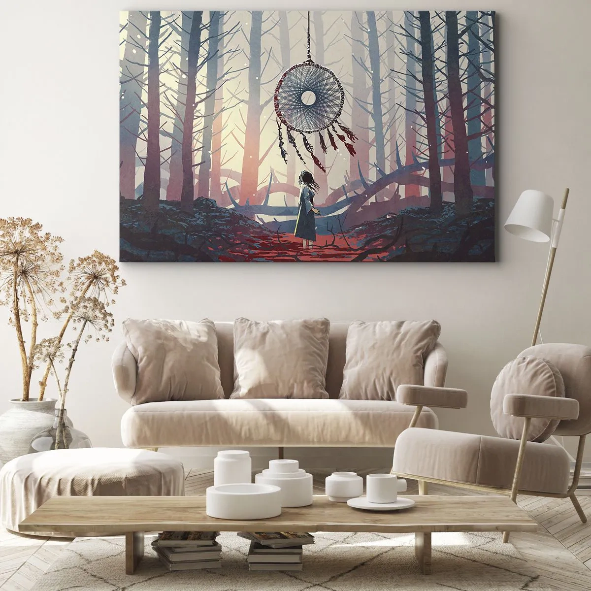 Bild auf Leinwand - Leinwandbild - Waldszene mit riesigem Traumfänger - 70x50cm - Geheimes Glücksritual - Moderne Wanddekoration für Wohnzimmer und Schlafzimmer ARTTOR
