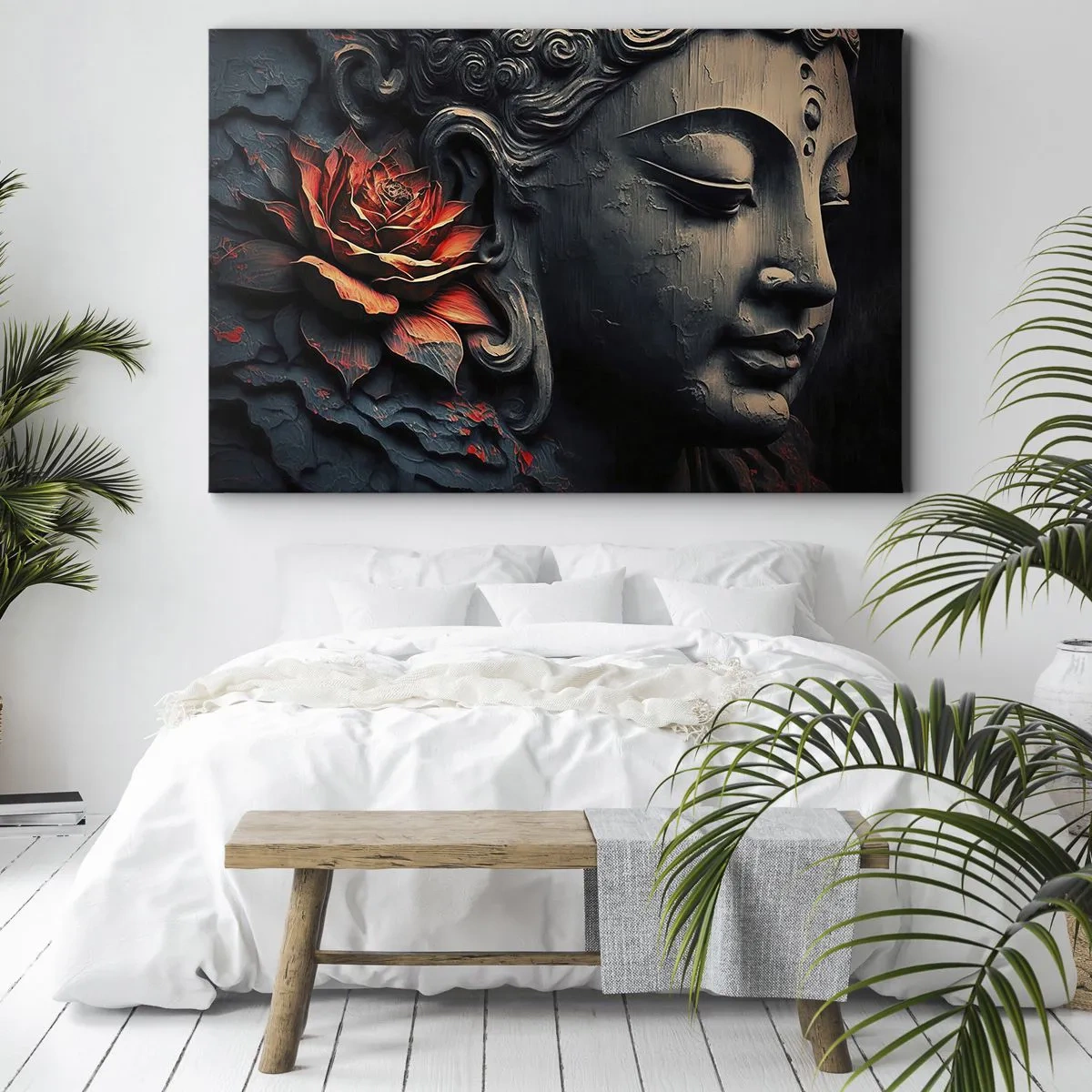 Bild auf Leinwand - Leinwandbild - Buddha-Skulptur mit einer roten Lotusblüte - 70x50cm - Im Einklang mit der Welt - Moderne Wanddekoration für Wohnzimmer und Schlafzimmer ARTTOR