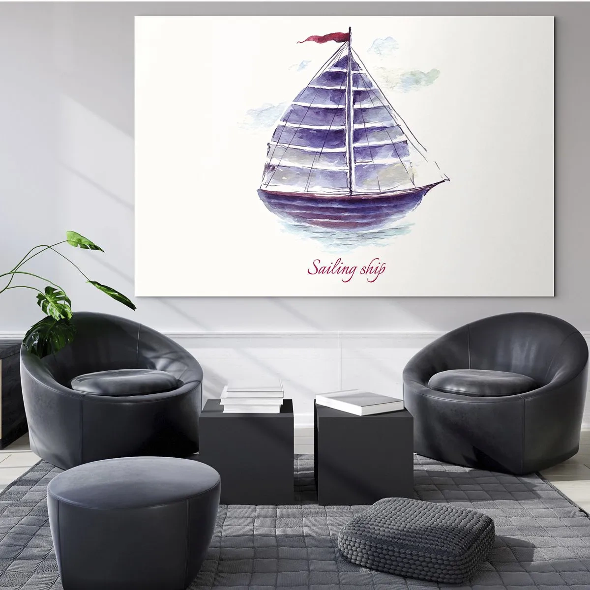 Glasbild - Bild auf glas - Aquarell Segelschiff mit der Aufschrift Segelschiff - 70x50cm - Volle Segel und ruhiges Wasser - Moderne Wanddekoration für Wohnzimmer und Schlafzimmer ARTTOR