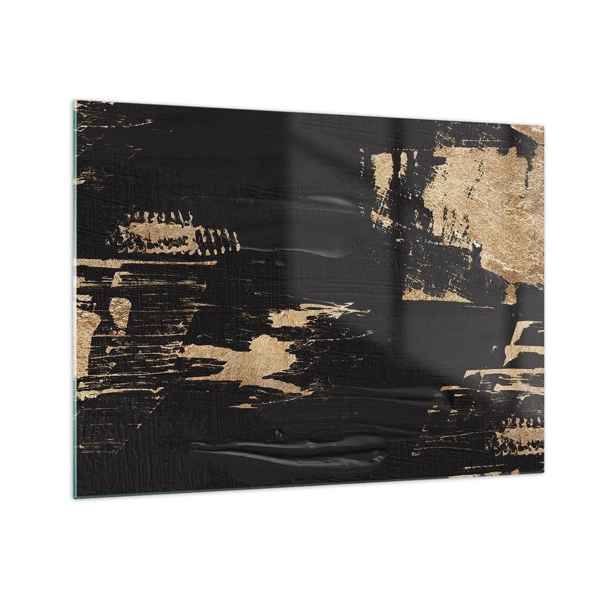 Glasbild - Bild auf glas - Schwarz-goldene Abstraktion mit pinselstrichartiger Textur - 70x50cm - Spur einer Berührung - Moderne Wanddekoration für Wohnzimmer und Schlafzimmer ARTTOR