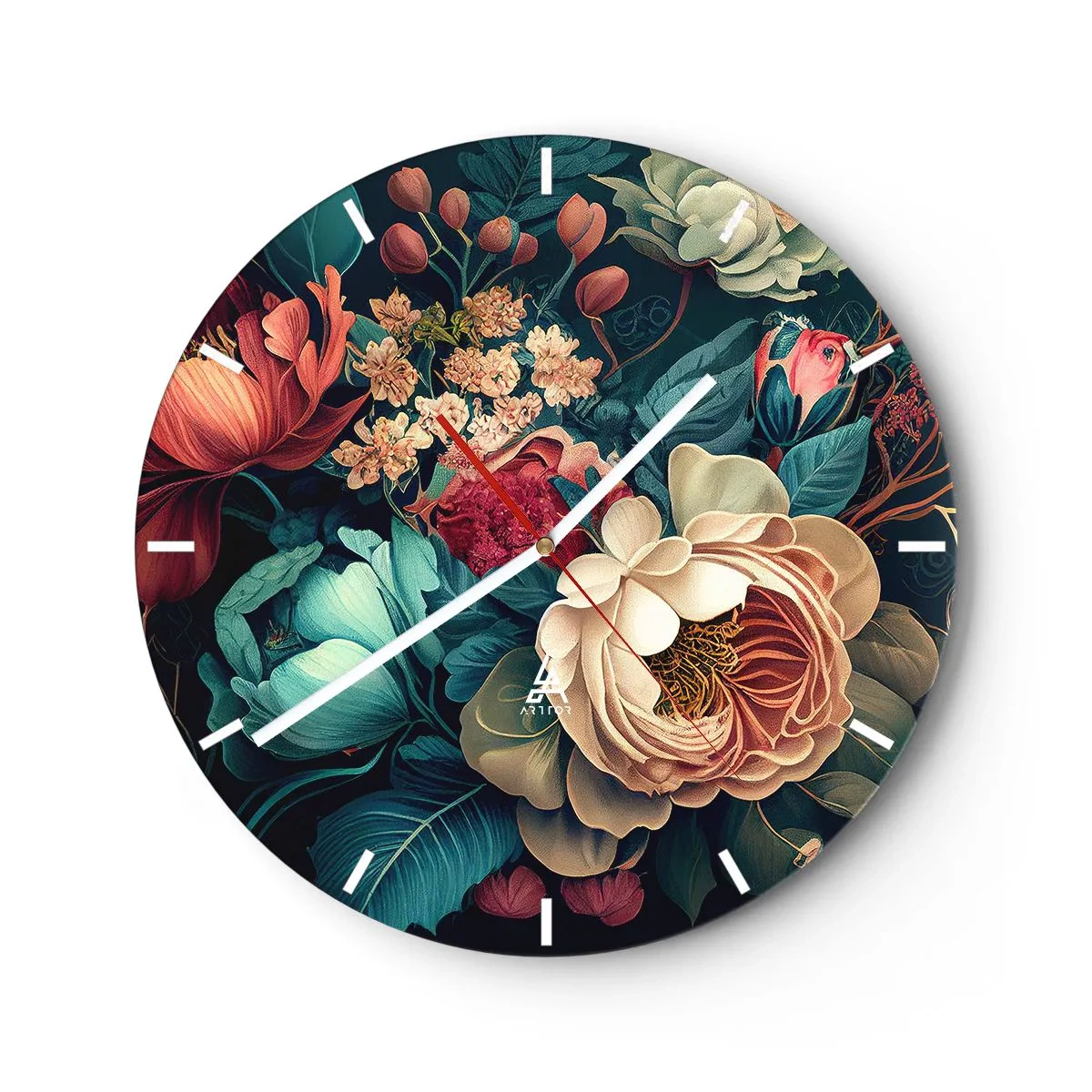 Wanduhr - Glasuhr - Blumenmuster mit großen pastellfarbenen und burgunderfarbenen Blumen - 30x30cm - Charme des 19. Jahrhunderts - Moderne Wanddekoration für Wohnzimmer, Küche und Schlafzimmer ARTTOR