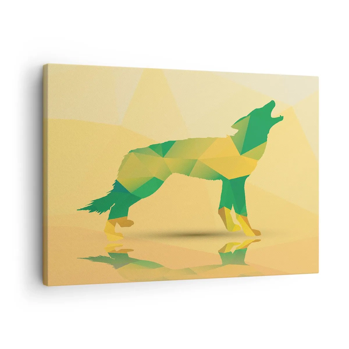 Bild auf Leinwand - Leinwandbild - Geometrische Wolfssilhouette in Grün- und Gelbtönen - 70x50cm - Ein einsamer Wolf - Moderne Wanddekoration für Wohnzimmer und Schlafzimmer ARTTOR
