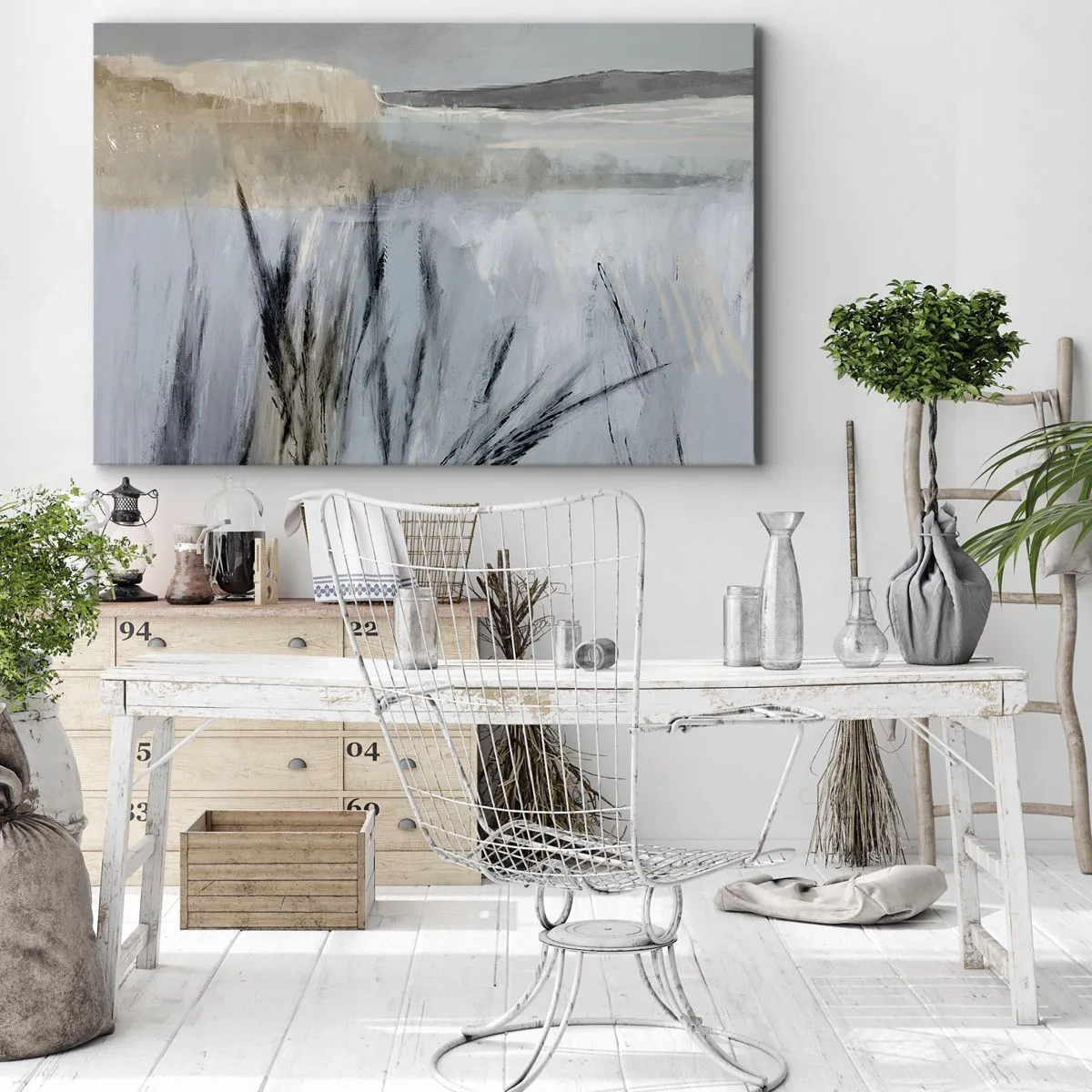 Bild auf Leinwand - Leinwandbild - Eine malerische Winterlandschaft mit Feldern und Gräsern - 70x50cm - Winterfelder - Moderne Wanddekoration für Wohnzimmer und Schlafzimmer ARTTOR