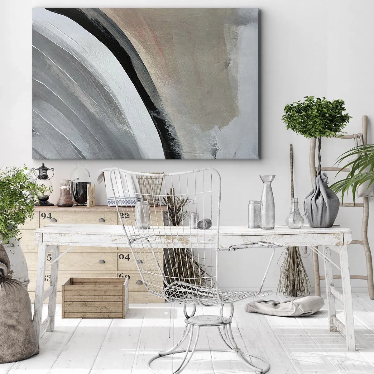 Bild auf Leinwand - Leinwandbild - Abstrakter Bogen in Schwarz-, Grau- und Beigetönen - 70x50cm - Komposition: Bogen aus Schwarz und Grau - Moderne Wanddekoration für Wohnzimmer und Schlafzimmer ARTTOR