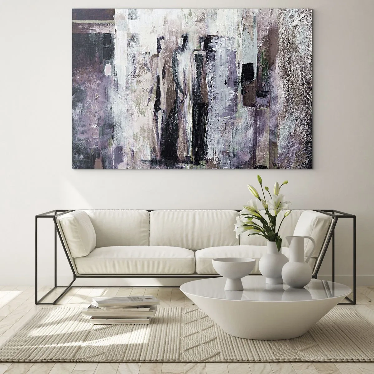 Glasbild - Bild auf glas - Abstrakte Silhouetten von Figuren vor einem strukturierten Farbhintergrund - 70x50cm - Die geheimnisvolle Drei - Moderne Wanddekoration für Wohnzimmer und Schlafzimmer ARTTOR