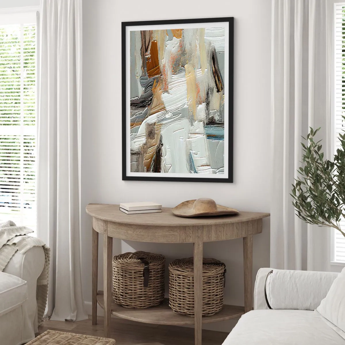 Poster in einem schwarzem Rahmen - Texturale Abstraktion in neutralen Farbtönen - 50x70cm - Bunte Schichten - Moderne Wanddekoration für Wohnzimmer und Schlafzimmer ARTTOR