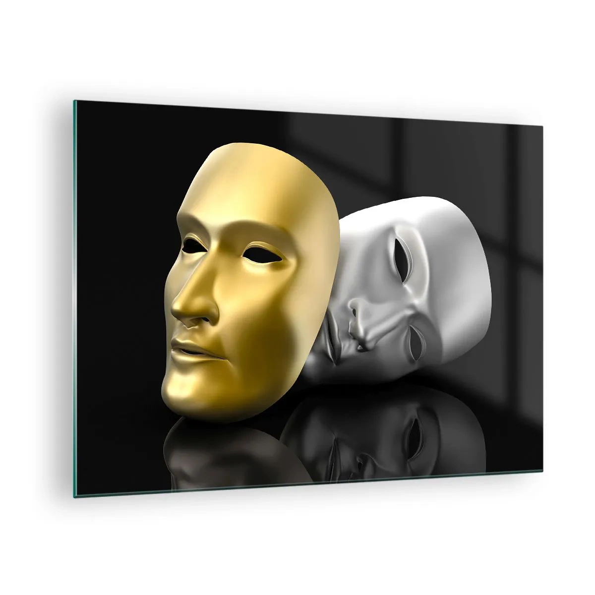 Glasbild - Bild auf glas - Gold- und Silbermaske auf schwarzem Hintergrund - 70x50cm - Das Leben ist wie ein Theater - Moderne Wanddekoration für Wohnzimmer und Schlafzimmer ARTTOR