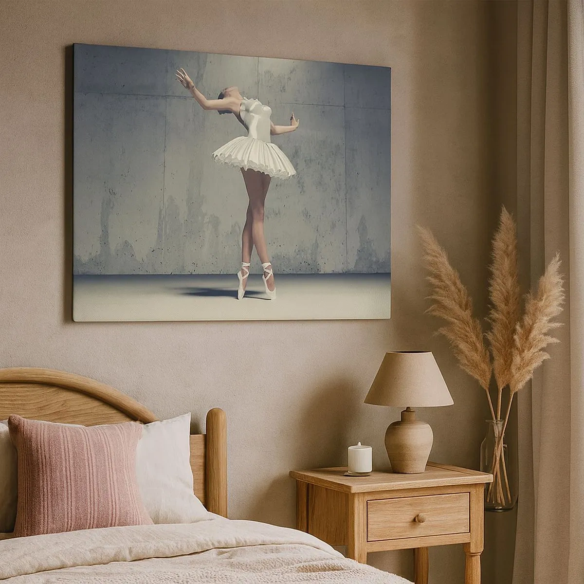 Bild auf Leinwand - Leinwandbild - Eine Balletttänzerin in einem weißen Kleid vor einer rohen Wand. - 70x50cm - Leicht wie ein Vogel - Moderne Wanddekoration für Wohnzimmer und Schlafzimmer ARTTOR