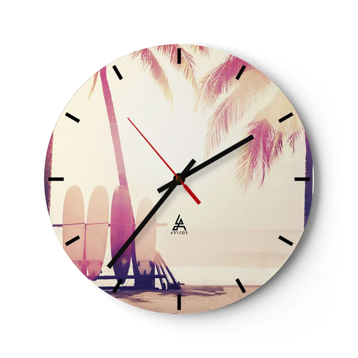 Wanduhr - Glasuhr - Surfbretter und Palmen am Strand im Morgengrauen - 30x30cm - Es wird ein toller Tag - Moderne Wanddekoration für Wohnzimmer, Küche und Schlafzimmer ARTTOR