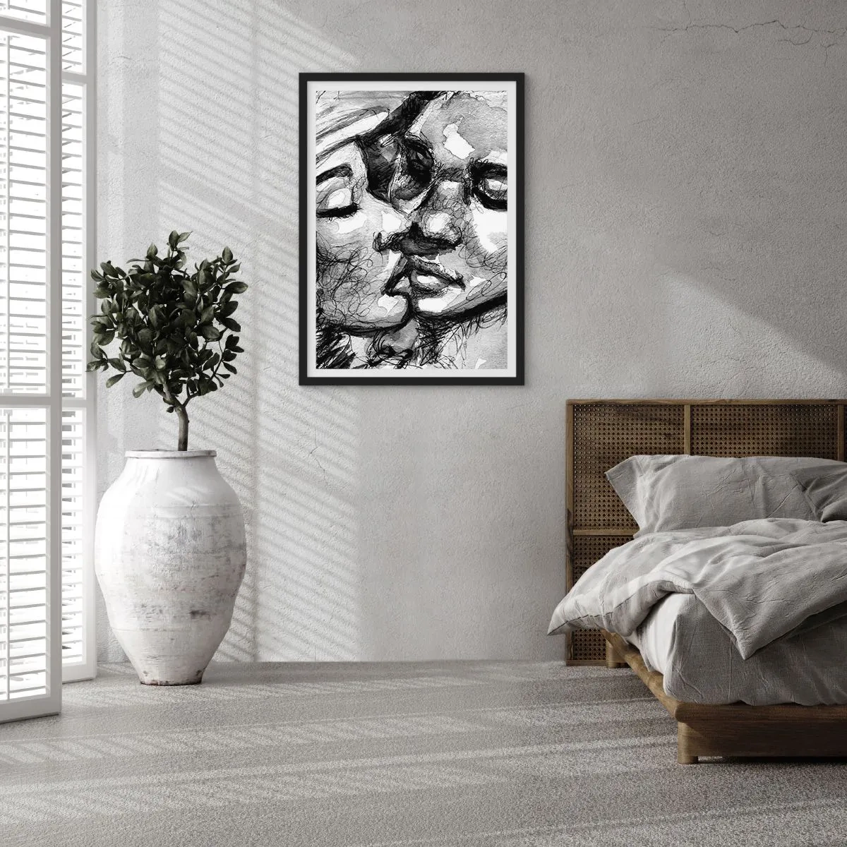 Poster in einem schwarzem Rahmen - Abstraktes Schwarz-Weiß-Porträt eines Kusses - 50x70cm - Zärtlicher Moment - Moderne Wanddekoration für Wohnzimmer und Schlafzimmer ARTTOR