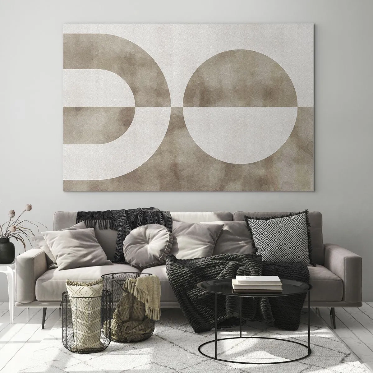 Glasbild - Bild auf glas - Beige Geometrie mit einem Halbkreis und einem Kreis auf einem horizontalen Hintergrund - 70x50cm - Ähnlichkeiten und Unterschiede - Moderne Wanddekoration für Wohnzimmer und Schlafzimmer ARTTOR
