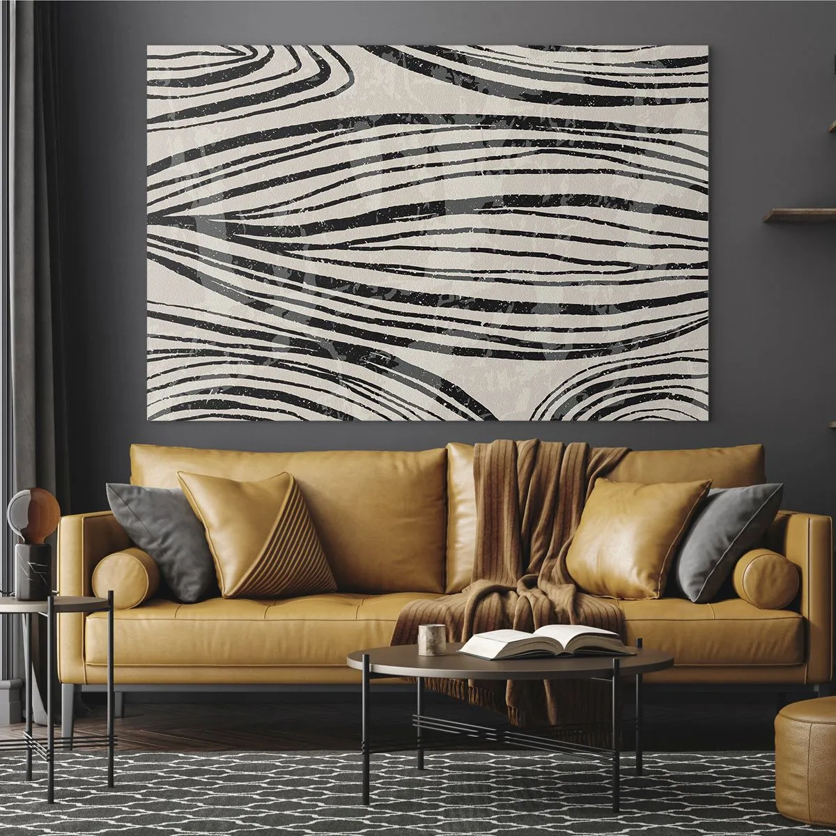 Glasbild - Bild auf glas - Wellen aus schwarzen Linien auf hellem Hintergrund - 70x50cm - Linienpool - Moderne Wanddekoration für Wohnzimmer und Schlafzimmer ARTTOR