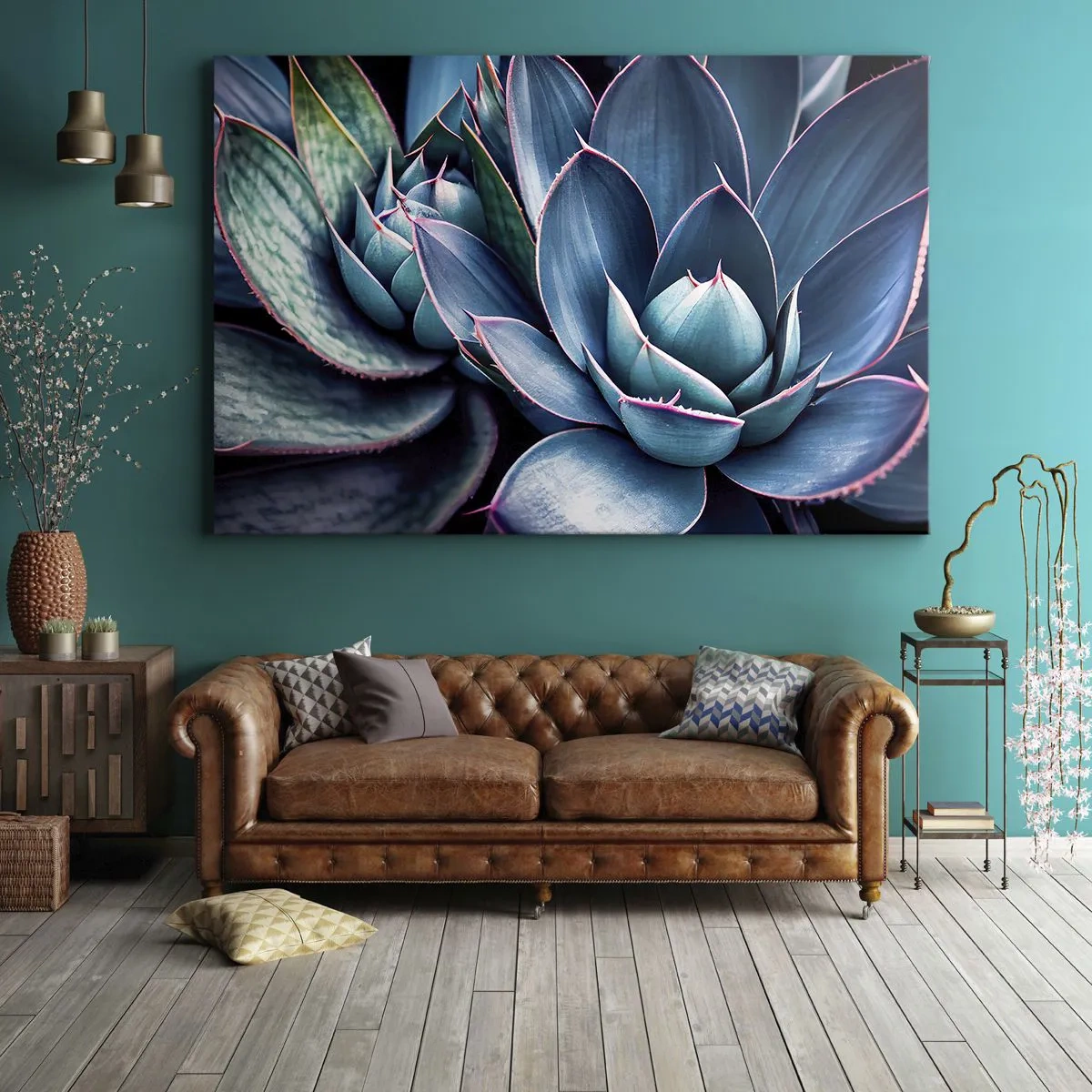 Bild auf Leinwand - Leinwandbild - Agave in Blau- und Grüntönen mit rosa Akzenten - 70x50cm - Lebenskraft - Moderne Wanddekoration für Wohnzimmer und Schlafzimmer ARTTOR
