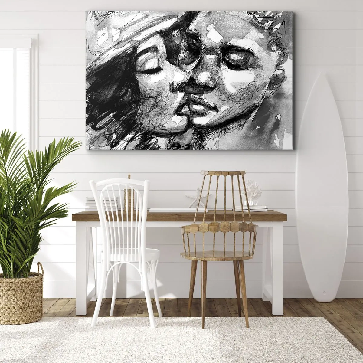 Bild auf Leinwand - Leinwandbild - Ein schwarz-weißes Aquarell, das einen intimen Moment zwischen zwei Menschen darstellt. - 70x50cm - Zärtlicher Moment - Moderne Wanddekoration für Wohnzimmer und Schlafzimmer ARTTOR