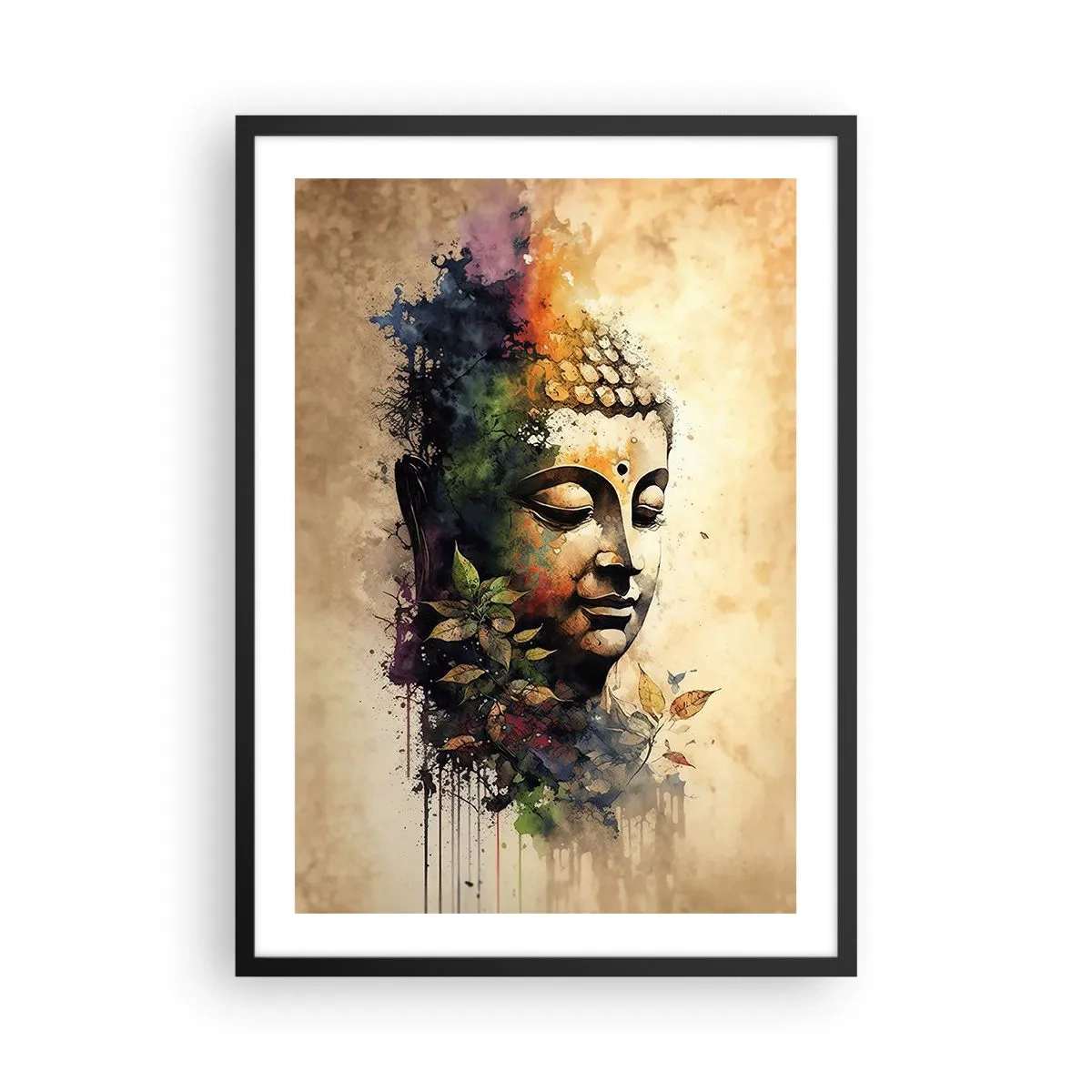 Poster in einem schwarzem Rahmen - Ein farbenfrohes Porträt von Buddha im künstlerischen Aquarellstil. - 50x70cm - Namaste! - Moderne Wanddekoration für Wohnzimmer und Schlafzimmer ARTTOR
