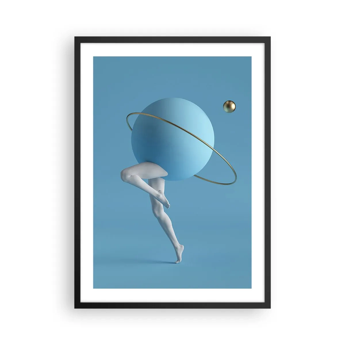 Poster in einem schwarzem Rahmen - Eine Figur mit einem Planeten als Kopf in einer surrealistischen Komposition - 50x70cm - Und die Planeten spielen verrückt - Moderne Wanddekoration für Wohnzimmer und Schlafzimmer ARTTOR