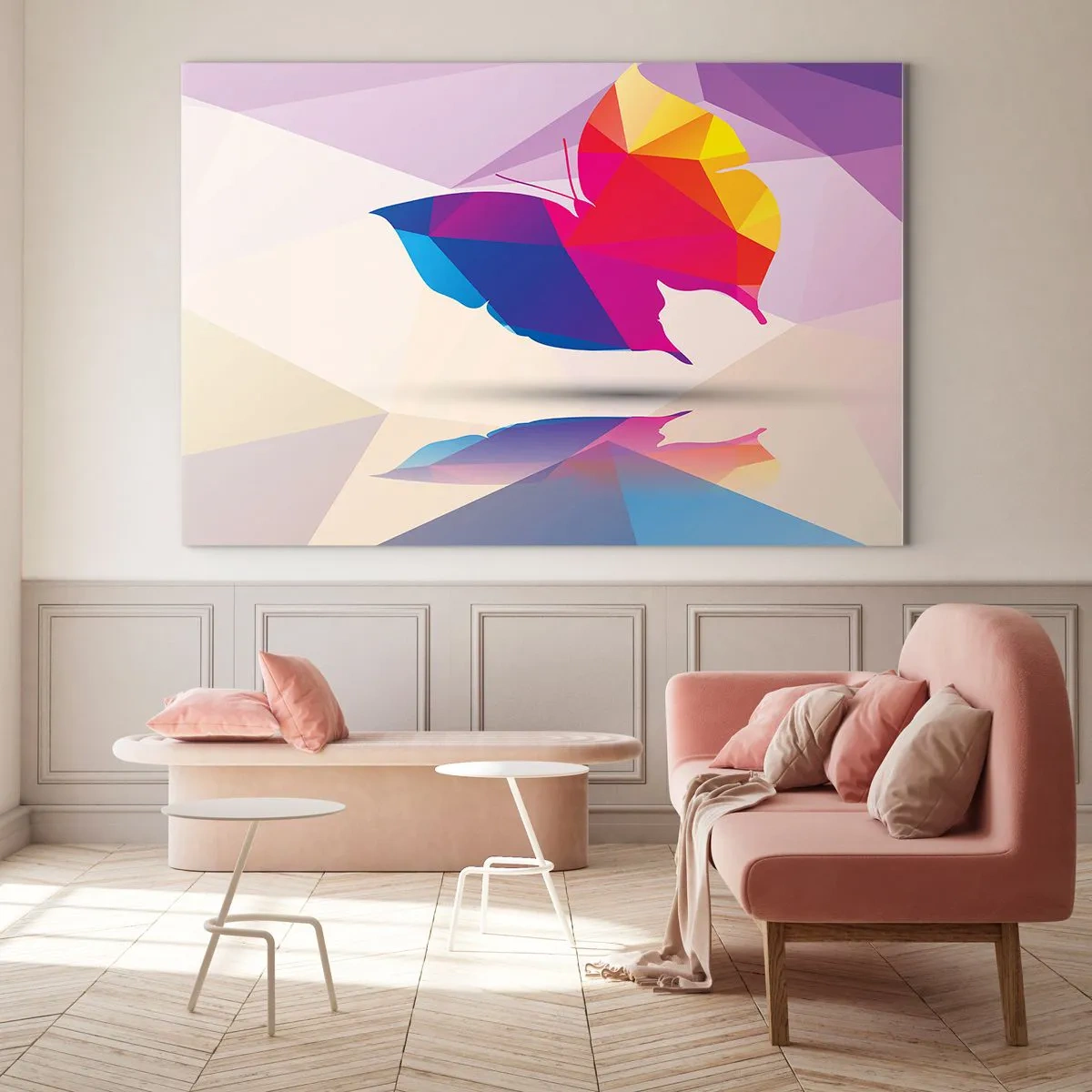 Glasbild - Bild auf glas - Geometrischer Schmetterling in leuchtend bunter Abstraktion - 70x50cm - Regenbogenschmetterling - Moderne Wanddekoration für Wohnzimmer und Schlafzimmer ARTTOR