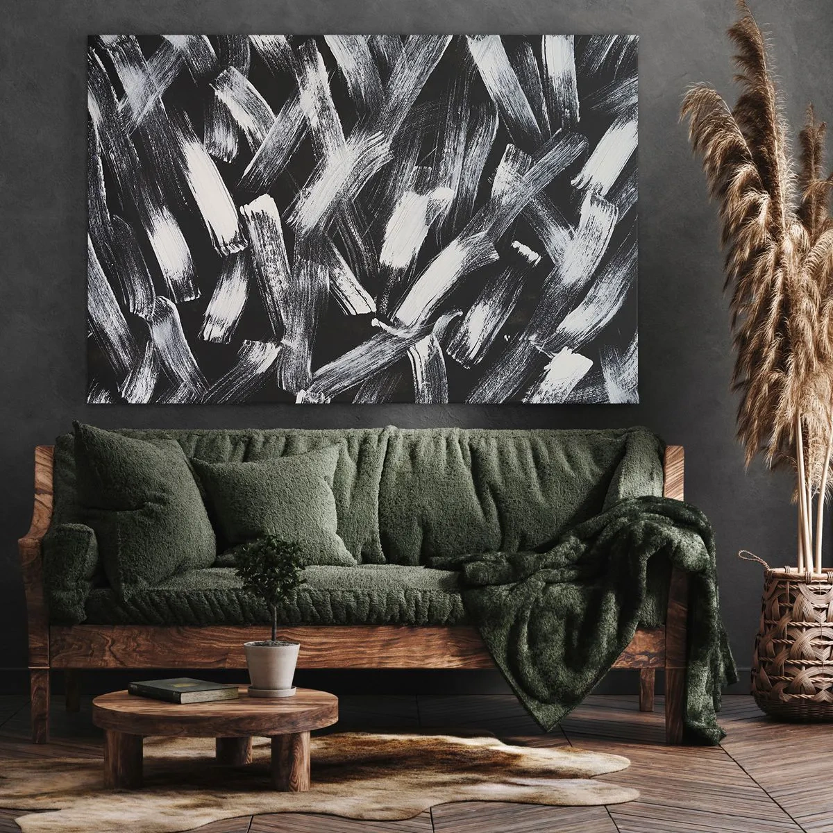 Bild auf Leinwand - Leinwandbild - Dynamische Abstraktion mit weißen Pinselstrichen auf schwarzem Hintergrund. - 70x50cm - Abstraktion im industriellen Geist - Moderne Wanddekoration für Wohnzimmer und Schlafzimmer ARTTOR