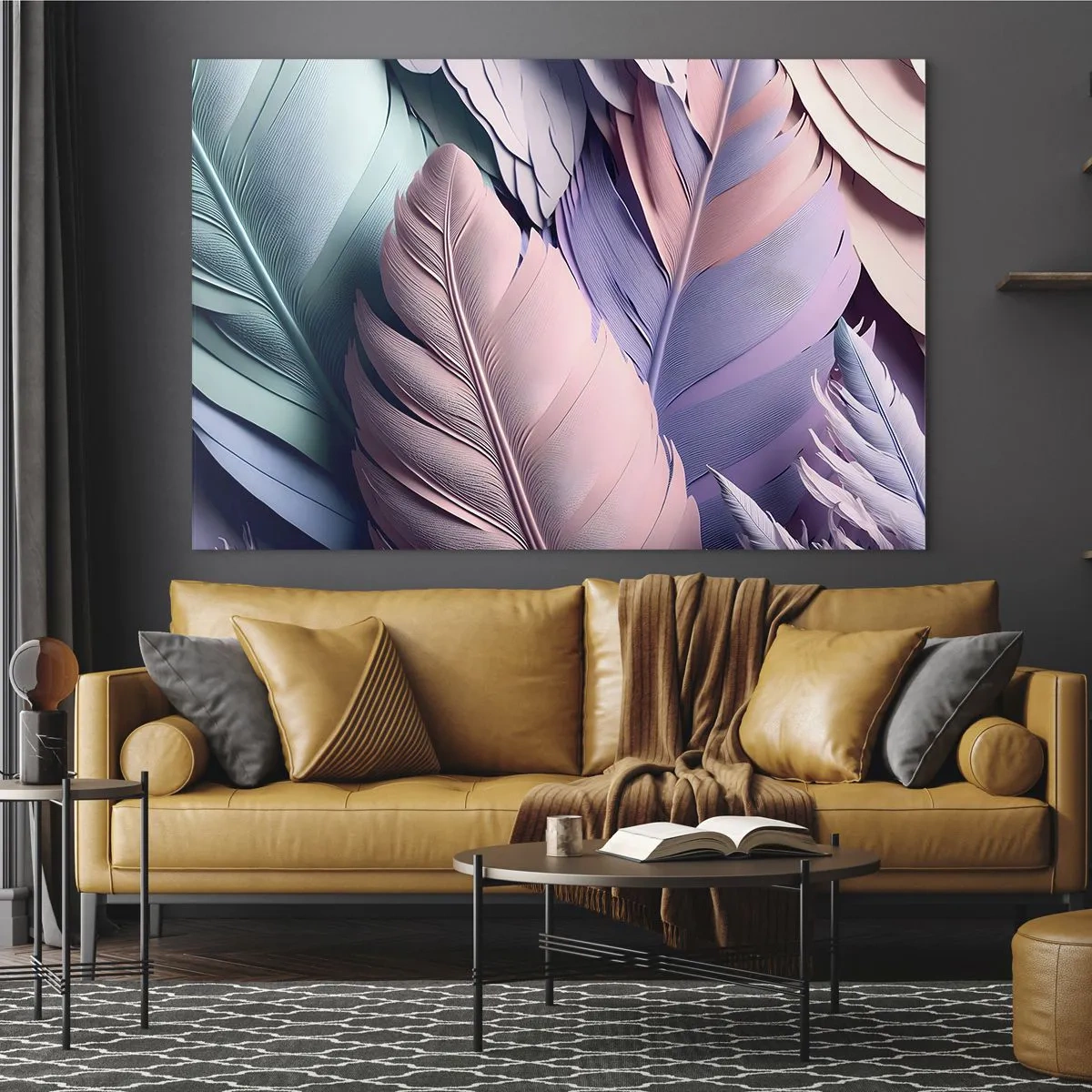 Glasbild - Bild auf glas - Pastellfarbene Federn in Rosa-, Lila- und Türkistönen - 70x50cm - Vogel-Chic - Moderne Wanddekoration für Wohnzimmer und Schlafzimmer ARTTOR