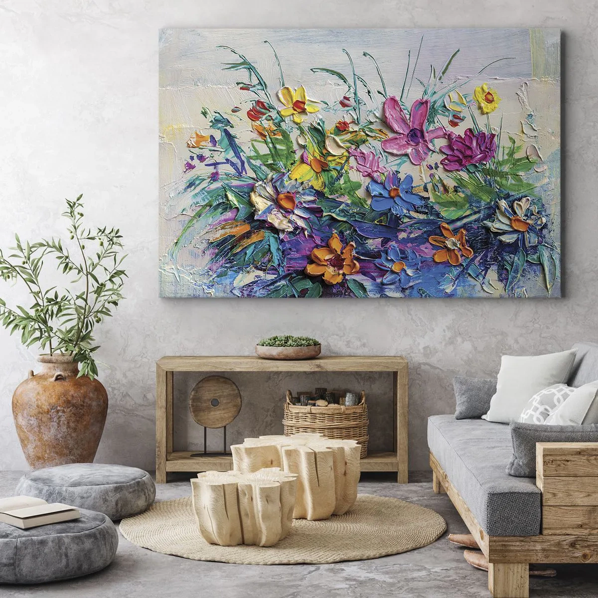 Bild auf Leinwand - Leinwandbild - Ein bunter Blumenstrauß, gemalt in der Impasto-Technik - 70x50cm - Überhaupt kein Stillleben - Moderne Wanddekoration für Wohnzimmer und Schlafzimmer ARTTOR