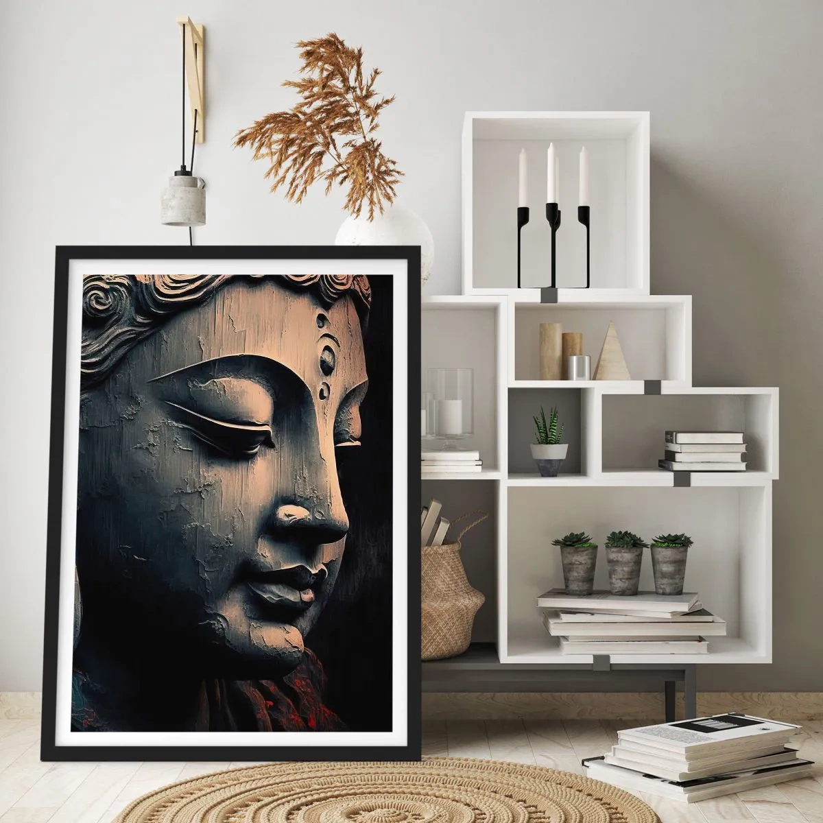 Poster in einem schwarzem Rahmen - Nahaufnahme einer Buddha-Skulptur in warmem Licht - 50x70cm - Im Einklang mit der Welt - Moderne Wanddekoration für Wohnzimmer und Schlafzimmer ARTTOR