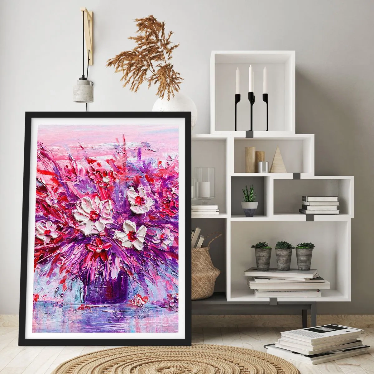 Poster in einem schwarzem Rahmen - Ein Blumenstrauß in Rosa-, Lila- und Weißtönen - 50x70cm - Unschuld und Leidenschaft - Moderne Wanddekoration für Wohnzimmer und Schlafzimmer ARTTOR