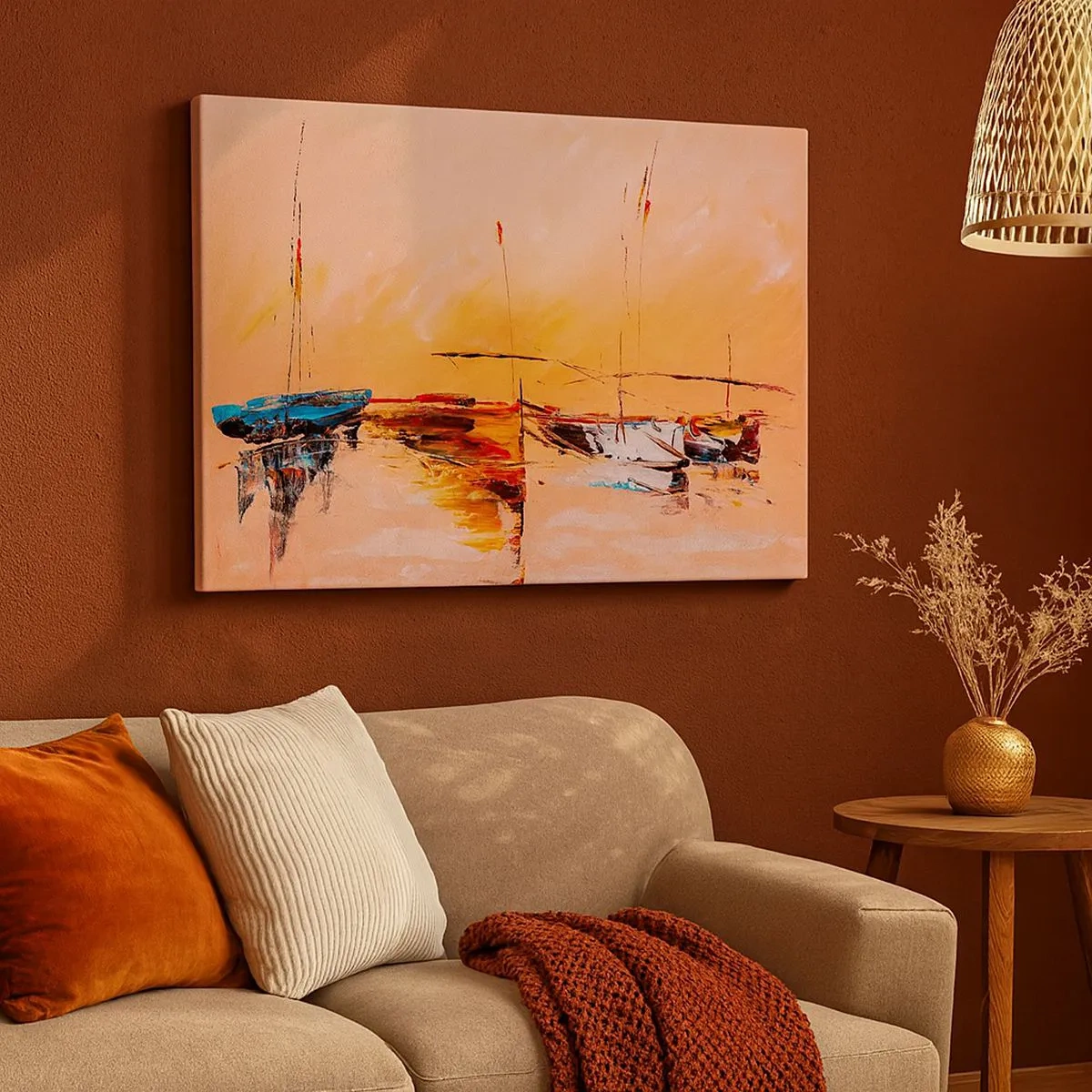 Bild auf Leinwand - Leinwandbild - Bunte Boote auf ruhigem Wasser bei Sonnenuntergang - 70x50cm - Abend im Yachthafen - Moderne Wanddekoration für Wohnzimmer und Schlafzimmer ARTTOR