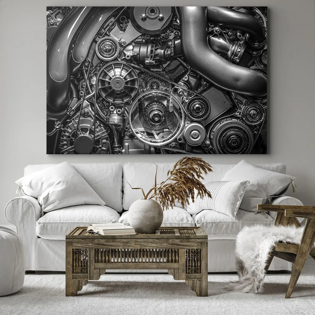 Bild auf Leinwand - Leinwandbild - Schwarz-Weiß-Nahaufnahme der mechanischen Details eines Automotors. - 70x50cm - Die Poesie der Mechanik - Moderne Wanddekoration für Wohnzimmer und Schlafzimmer ARTTOR