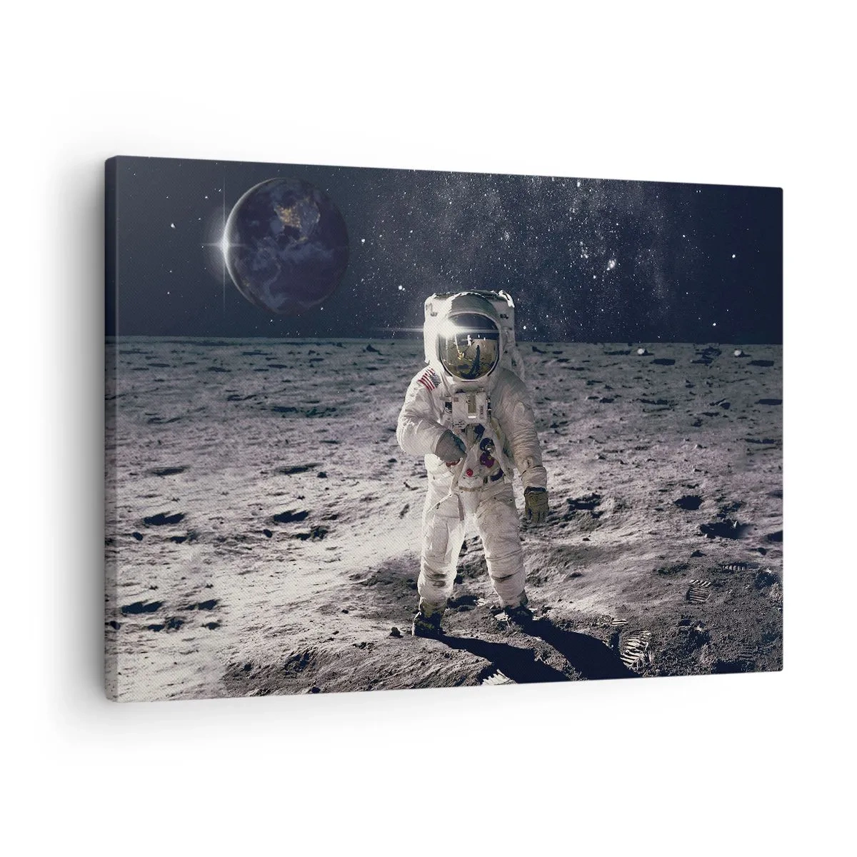 Bild auf Leinwand - Leinwandbild - Astronaut auf der Mondoberfläche mit der Erde im Hintergrund - 70x50cm - Grüße vom Mond - Moderne Wanddekoration für Wohnzimmer und Schlafzimmer ARTTOR