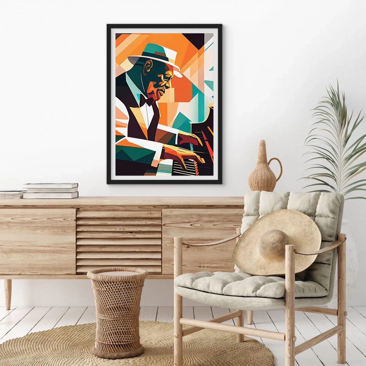 Poster in einem schwarzem Rahmen - Abstraktes Porträt eines Pianisten im kubistischen Stil - 50x70cm - Alles vom Jazz - Moderne Wanddekoration für Wohnzimmer und Schlafzimmer ARTTOR